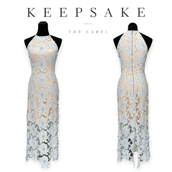 Keepsake | Small | Pastel Blue Lace Nude Lined High-Neck True Love Midi Dress - Picture 5 of 10